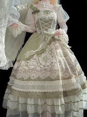 Teacup and Rabbit Print Green Layered Country Lolita Dress with Lace Trimmings