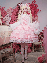 Pink Lace-up Waist Lace Trim Old School Lolita Cotton Dress Flutter Sleeves Jumper Skirt