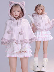Hime Gyaru Pink Cat Ear Hooded Knit Cape with Leopard Print Faux Fur Trim and Pom-Pom Accents