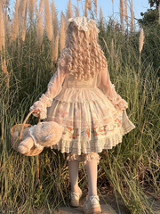 Green Bunny and Sunflower Print Sweet Lolita JSK Dress with Overlay and Plaid Hem