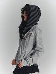 Gray Punk Two-in-One Crop Hooded Jacket with Wing Embroidery & Inner Striped Hoodie