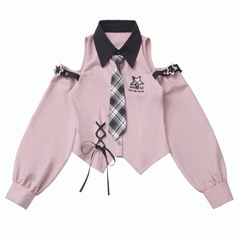 Idol Core Fashion Top: Bittersweet Pink Open Shoulder Shirt with Punk Star Buckles, Lace-Up Hem & Black Plaid Tie