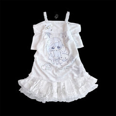 Yami Kawaii Cartoon Print Off-the-shoulder Neckline White Jirai Kei T-shirt