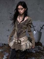 Wasteland Punk Vintage Brown-Green Knit Dress - Deep V-Neck with Collar Flower & Crossed Back Lace