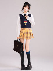 Yellow Plaid Pattern Preppy Box Pleat Skirt