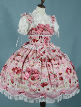 Pink Flutter Sleeves Sweetheart Applique Sweet Lolita JSK Dress with Strawberry Cake Print