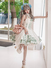 White and Green Plaid Dress Strappy Punk Lolita Jumper Skirt