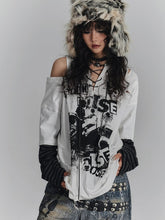 White V-Neck Punk Striped Sleeve Graffiti Tee with Shoulder Cut-Out & Crossed Ties