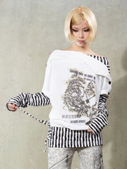 White Punk Off-Shoulder Cross Print Y2K Top with Buttoned Sleeves & Striped Accents