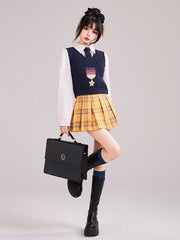 Yellow Plaid Pattern Preppy Box Pleat Skirt