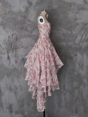 Pink Fairycore Magnolia Floral Print Vacation Dress V-neck Spaghetti Straps Dress