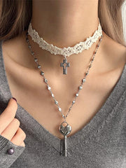 Y2K Lace Key Pendant Layered Necklace
