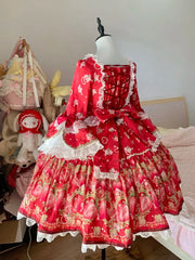 Strawberry Print Red Bell Sleeves Lolita Dress with Lace Trim and Bow Accents
