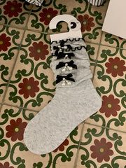 White/Black/Gray Beaded Charm Bowknot Details Calf Socks