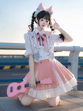 White Ruffled Lolita Blouse with Red Heart-Shaped Bow and Gold Buttons
