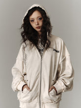 Wasteland Punk Studs Design Beige Washed Loose Casual Zip Hoodie