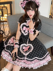 Black & Pink Heart Polka Dot Sweetheart Applique Sweet Lolita Dress with Bow Accents