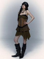 Studs Design Gothic Punk Brown Dropped Waist Asymmetrical Leopard Dress