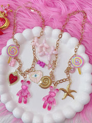 Golden Y2K Chain Necklace With Balloon Dog Bear Candy Starfish/Evil Eye Heart Charms
