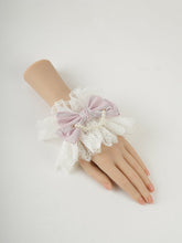 Pink Big Bow Ruffled Lace Trim Wrist Cuffs with Beaded Chain