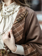 Steampunk Dark Brown Open Placket Cropped Jacket With Coffee Plaid Pattern Collar And Cuffs