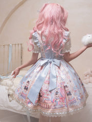 Blue Puppy Embroidery Sweet Lolita Dress Bunny and Bear Print JSK