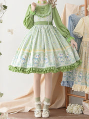 Kitty and Floral Print Green Sweet Lolita Long Sleeves Spring Dress