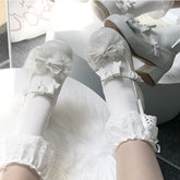 White Sweet Lolita Round Toe Mary Janes - Bow at Top & Lace Trim
