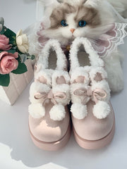 Pink Sweet Lolita Bunny Themed Platform Shoes with Bow Details, Cozy Plush Interior & Velcro Closure