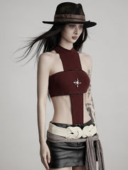 Urban Goth Dark Red Cross-Designed Cutout Shoulder Top