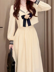 Beige & Dark Blue Sailor Collar Lolita Long-Sleeve Top + Maxi Dress Set