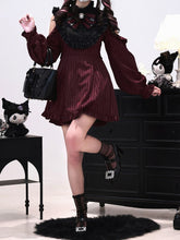 Versatile Jirai Kei Coord Set: Wine Red Striped Dress with Modular Sleeves & Matching Shorts