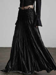 Urban Goth Black Pleated Straight A-Line Skirt with Waist Root Decor