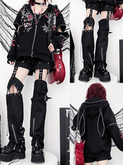 Y2K Black Bunny Ears Hoodie Graphic Print Zip-Up with Zipper Sleeves