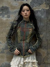 Blue Cross Patch Rock Punk Distressed Denim Jacket with Zip Cuffs