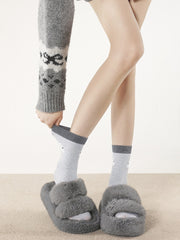 White/Light Blue/Dark Gray Cute Puppy Pattern Cotton Socks with Pom-Pom Accents