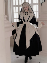 Elegant Black and Beige Ruffle Banded Collar Gothic Nun Lolita Dress Long Version