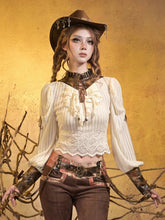 Steampunk White Knit Top with Brown PU Collar + Cuffs & Crisscross Lacing