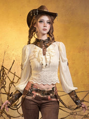 Steampunk White Knit Top with Brown PU Collar + Cuffs & Crisscross Lacing