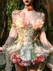 Forest Fairy Goth Pink and Green Boned Corset + Tulle Overlay + Floral Petticoat + Sleeves
