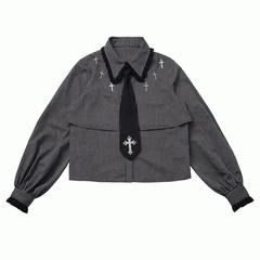 Dark Gothic Oversized Shirt | Black & Gray Stripe Faux Two-Piece with Cross Details & Lace Collar and Cuffs