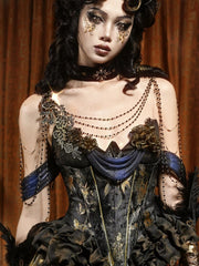 Black Velvet Choker with Gold Shoulder Bead Chain