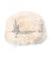 Light Brown Slavic Fluffy Fur Hat with Rhinestone and Pearl Embellishments