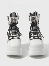 White Gothic Platform Ankle Boots - Studded Harness, Lace-Up & Back Zip
