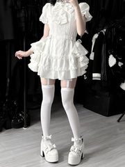 White Gothic Jirai Kei Set: Dress with Puffy Sleeves & Flowing Side Train,Shorts and Bow Tie