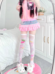 White & Pink Strawberry and Bear Print Over Knee Stockings