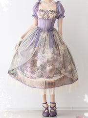 Purple and Beige Overlay Floral Print Basque Waist Lolita Dress