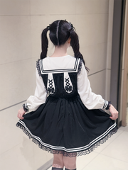 Jirai Kei Kawaii Dress: Black and White Bunny-Ear Sailor Collar Long Sleeve Dress with Lace Trim