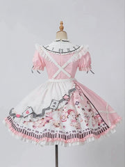 Clearance - Size XL for Bust 102cm Alice in Wonderland Vibes Pink Bunny and Teapot Print Apron Dress Sweet Lolita OP
