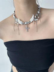 Y2K Silver Cross Wing Pendant Choker